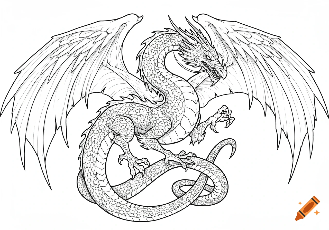 Black and white outline of a powerful, winged dragon with detailed scales and claws.
