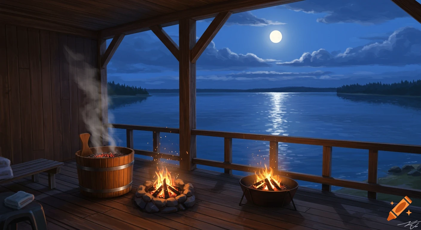 A moonlit night scene on a wooden terrace with fire pits and a steaming sauna tub overlooking a tranquil lake with forested shores.