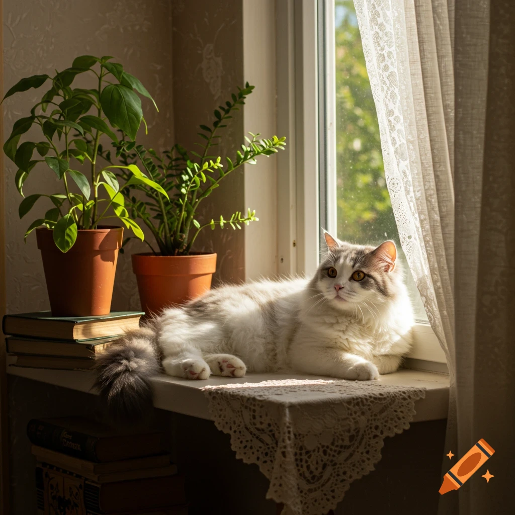A fluffy white and grey cat lounges on a sunlit windowsill next to potted green plants, looking towards the right.