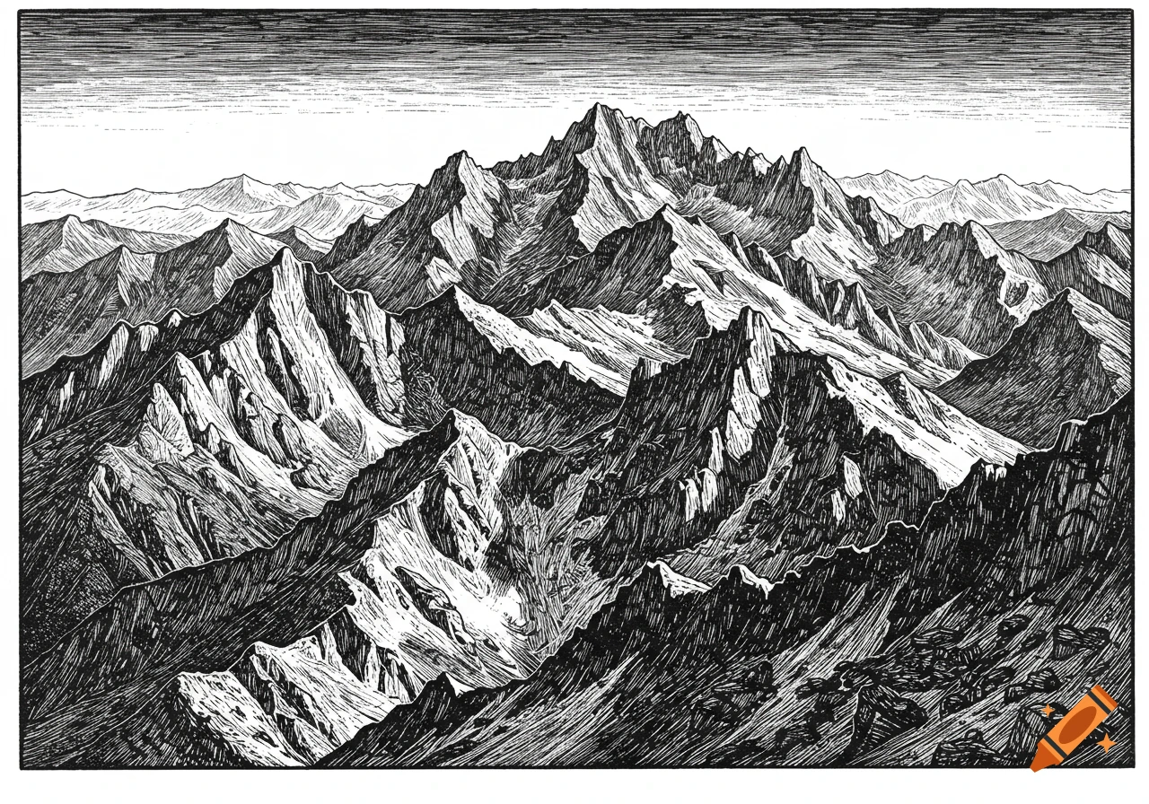 Detailed black and white line drawing of a rugged mountain range under a cloudy sky.