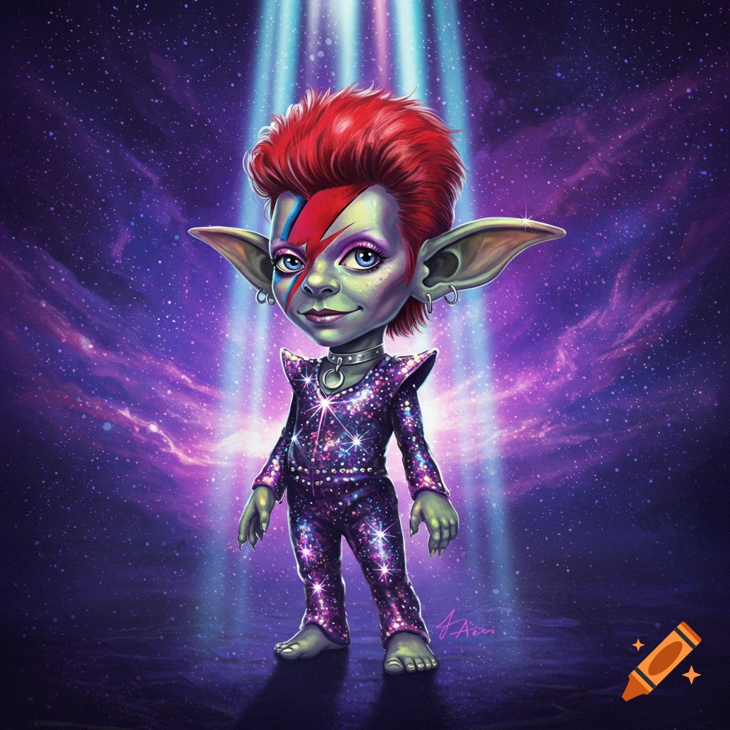 A small, cartoonish goblin dressed as Ziggy Stardust with red hair, lightning bolt makeup, and a sparkly suit, stands in a starry cosmic background.