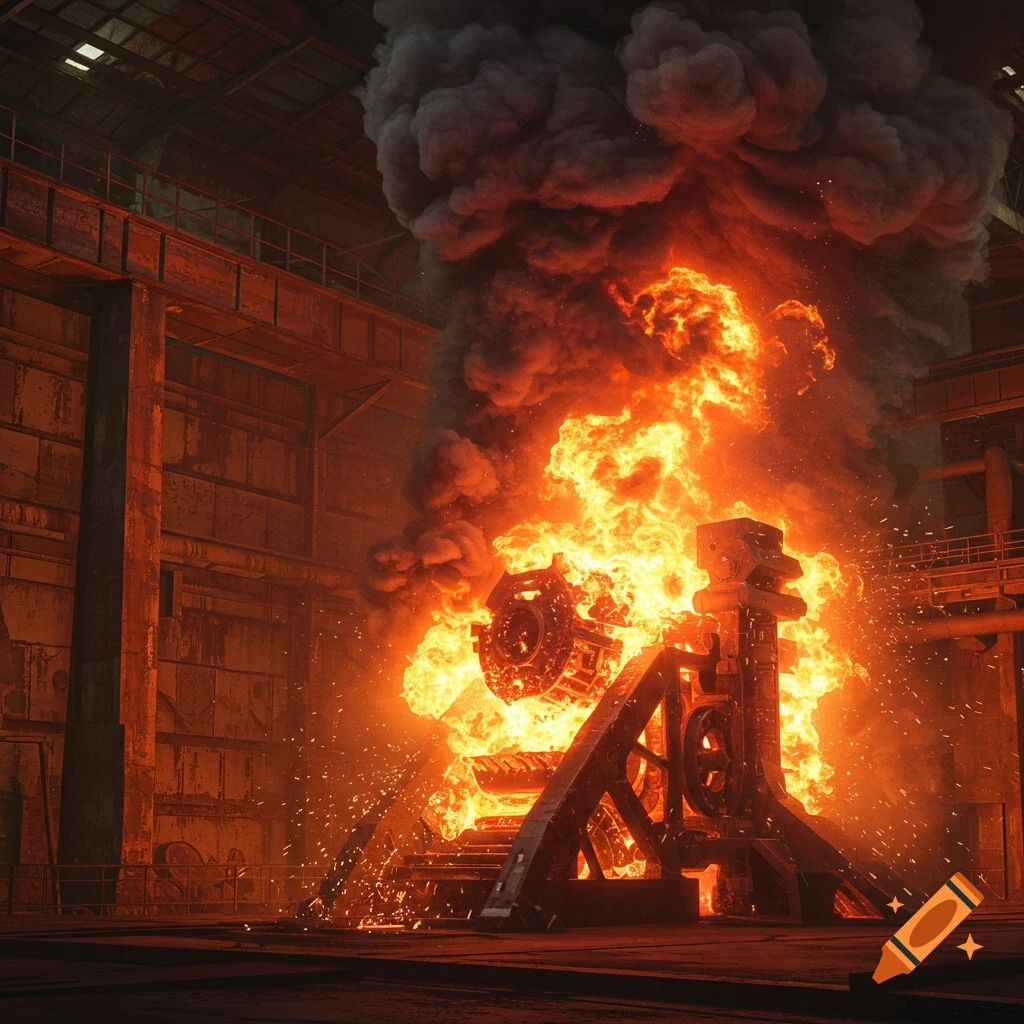 A large machine is engulfed in intense flames and thick smoke inside a dark industrial building, photorealistic style.