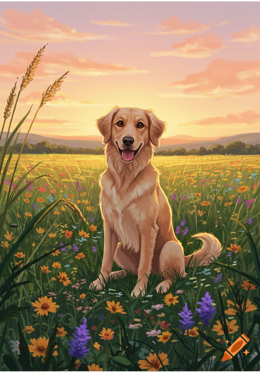A happy golden retriever sits in a vibrant field of wildflowers at sunset in a painterly illustration.