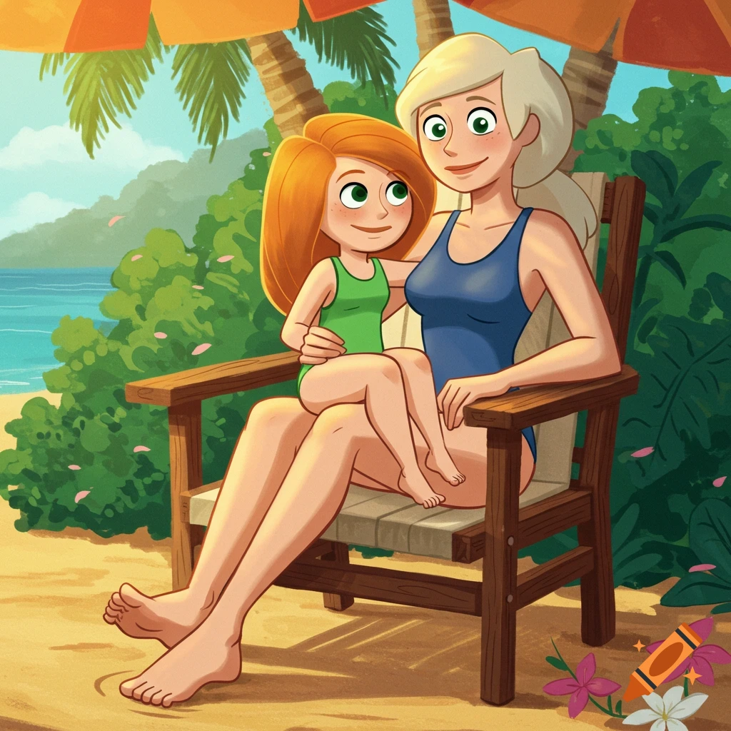 Cartoon of Ann Possible in a blue swimsuit, sitting in a beach chair with Kim Possible in a green swimsuit on her lap, smiling on a sunny beach.