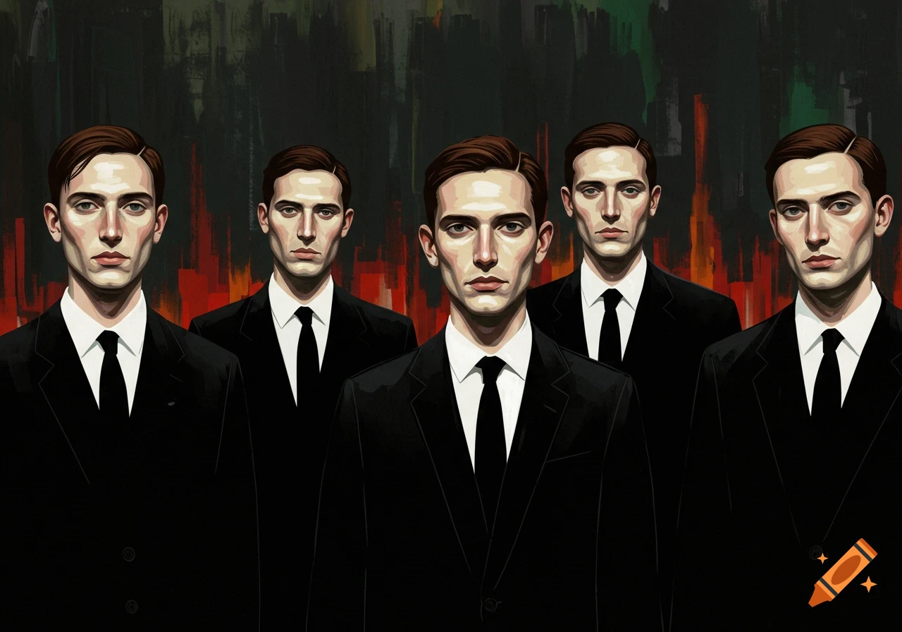 Abstract painting of five men in black suits and white shirts with melancholic expressions against a dark, moody background.
