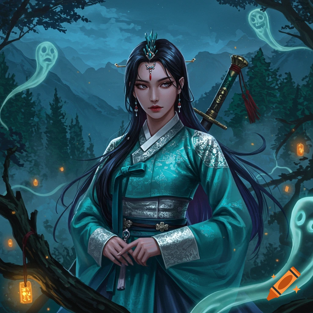 A dark-haired woman in a teal Hanbok-style outfit with a sword stands in a moonlit forest with glowing ghosts and lanterns.