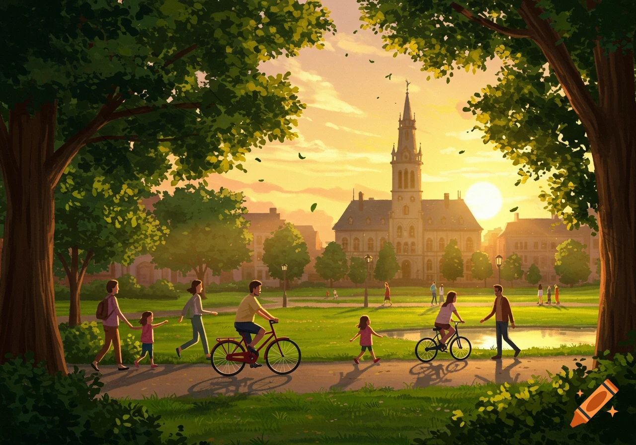 Illustrated scene of families strolling and biking through a lush park with a town hall at sunset.