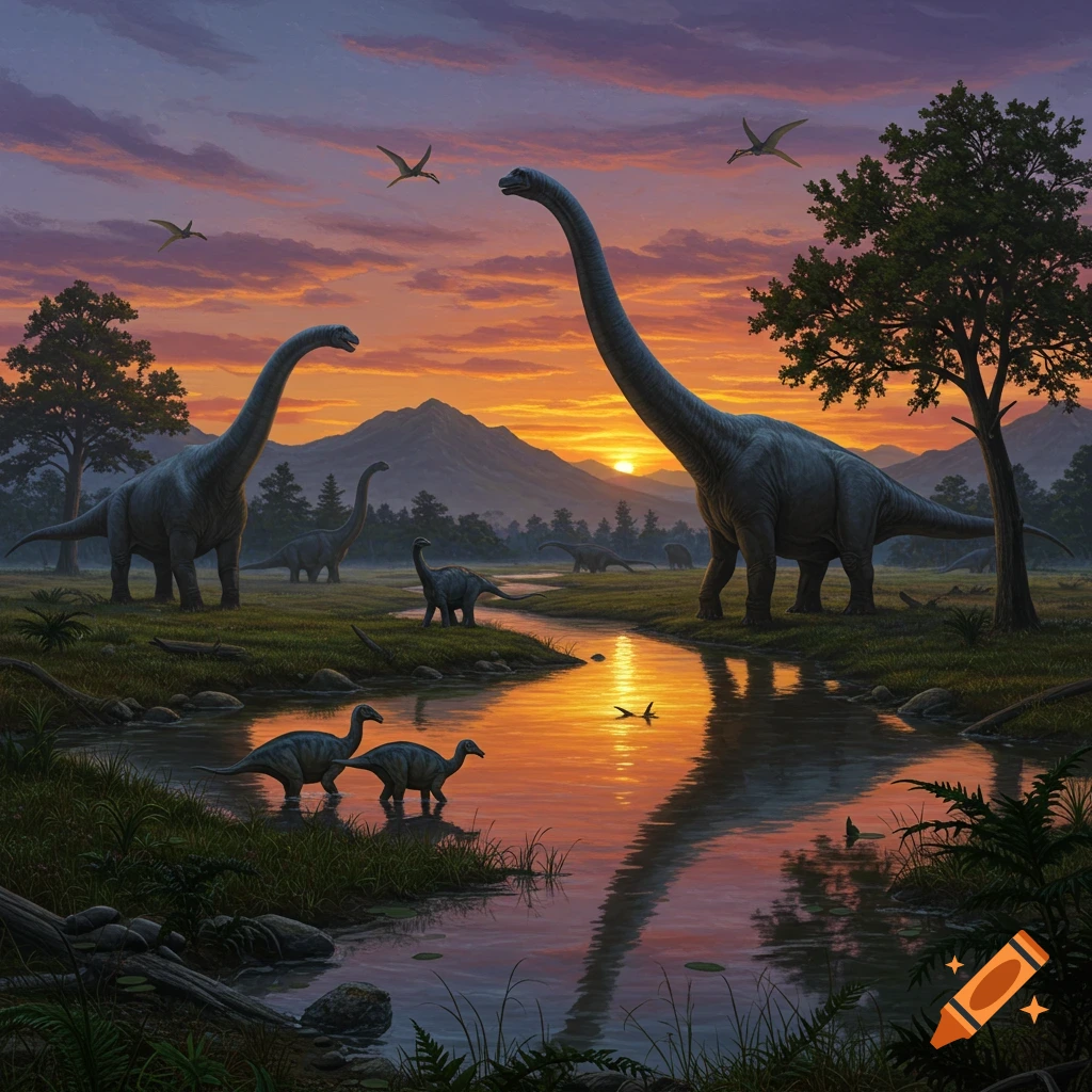 Tall brachiosaur-like dinosaurs and pterosaurs in a lush prehistoric river valley at sunset, with mountains in the distance.