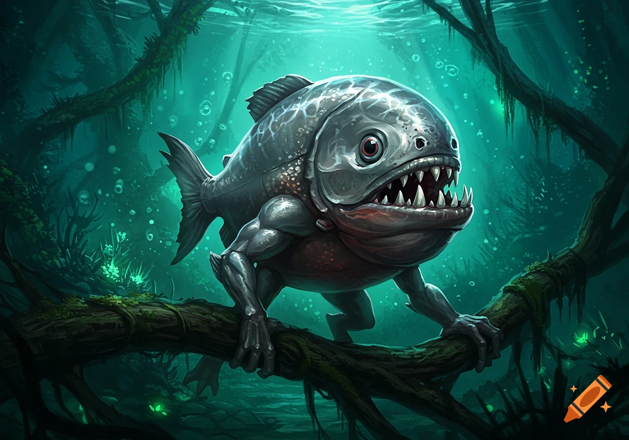 A muscular, piranha-headed creature with silver scales, sharp teeth, arms, and legs, clinging to a branch in a dark, murky underwater forest.