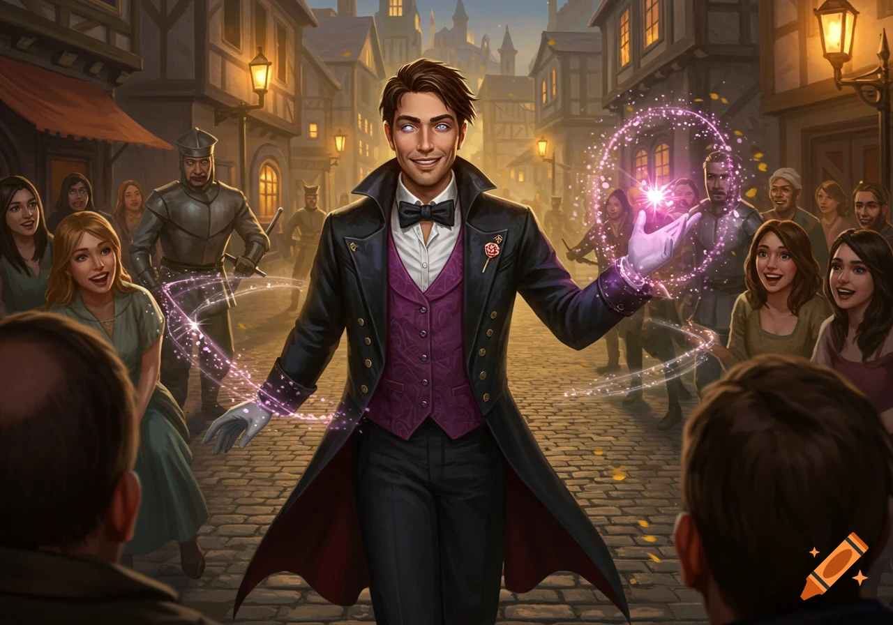 A smiling magician in a town square performs magic, surrounded by an entertained crowd and guards. Pink magic swirls from his glowing hands.