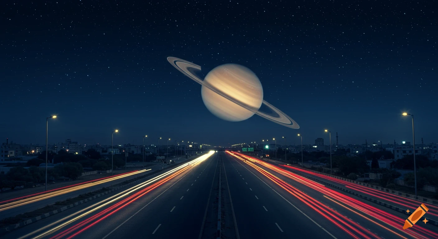 Planet Saturn hangs in a star-filled night sky above a highway with streaking car lights and a distant city skyline.
