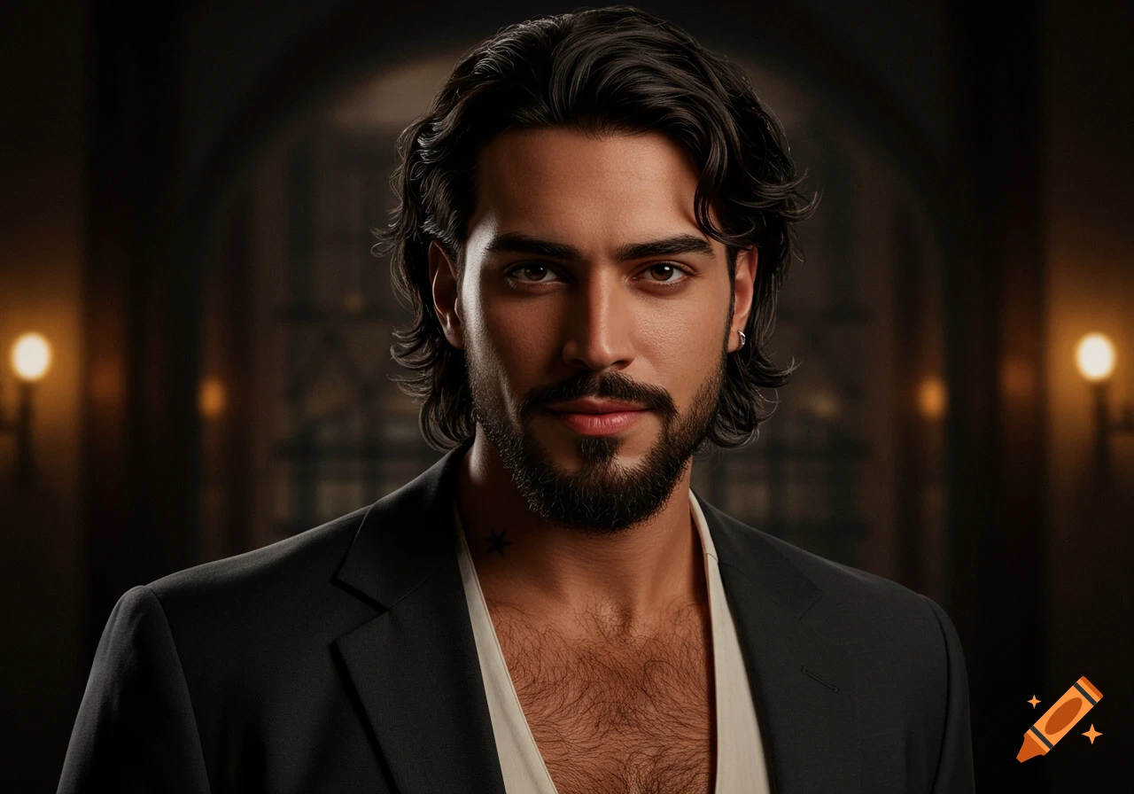 A charismatic man with dark wavy hair and a beard, wearing an open black suit jacket, looking directly forward in a dimly lit setting.