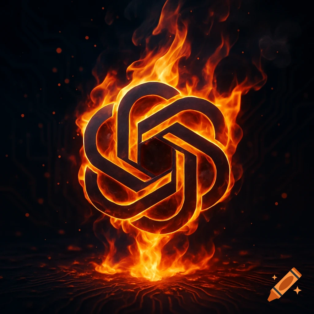 A dark, stylized OpenAI logo surrounded by vibrant orange and yellow flames, with embers floating on a dark background.