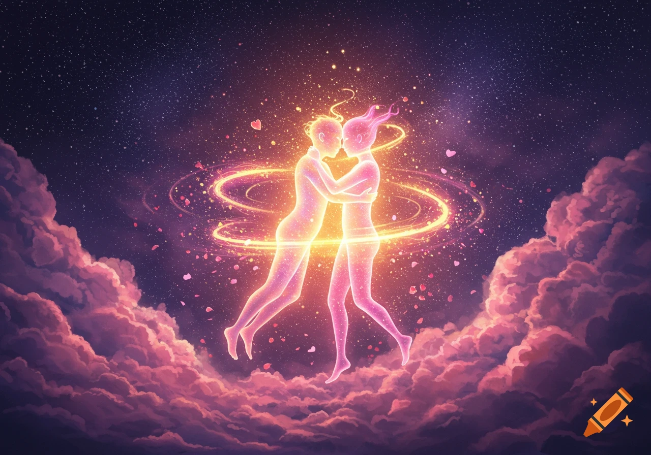 Two glowing ethereal figures embrace in a cosmic scene with stars, pink clouds, and shimmering light.
