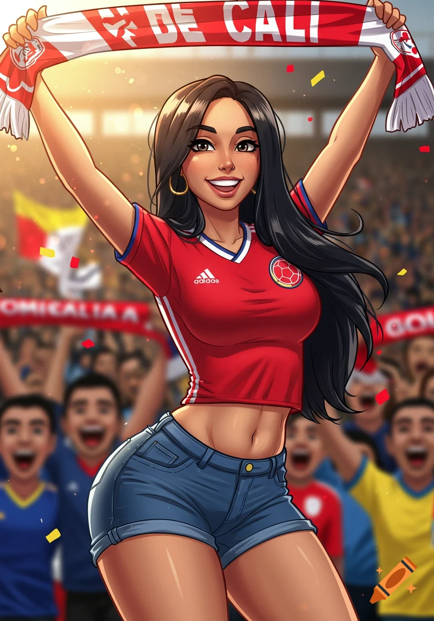 A vibrant cartoon of a smiling woman in a red soccer jersey and denim shorts, holding a "DE CALI" scarf in a cheering stadium.