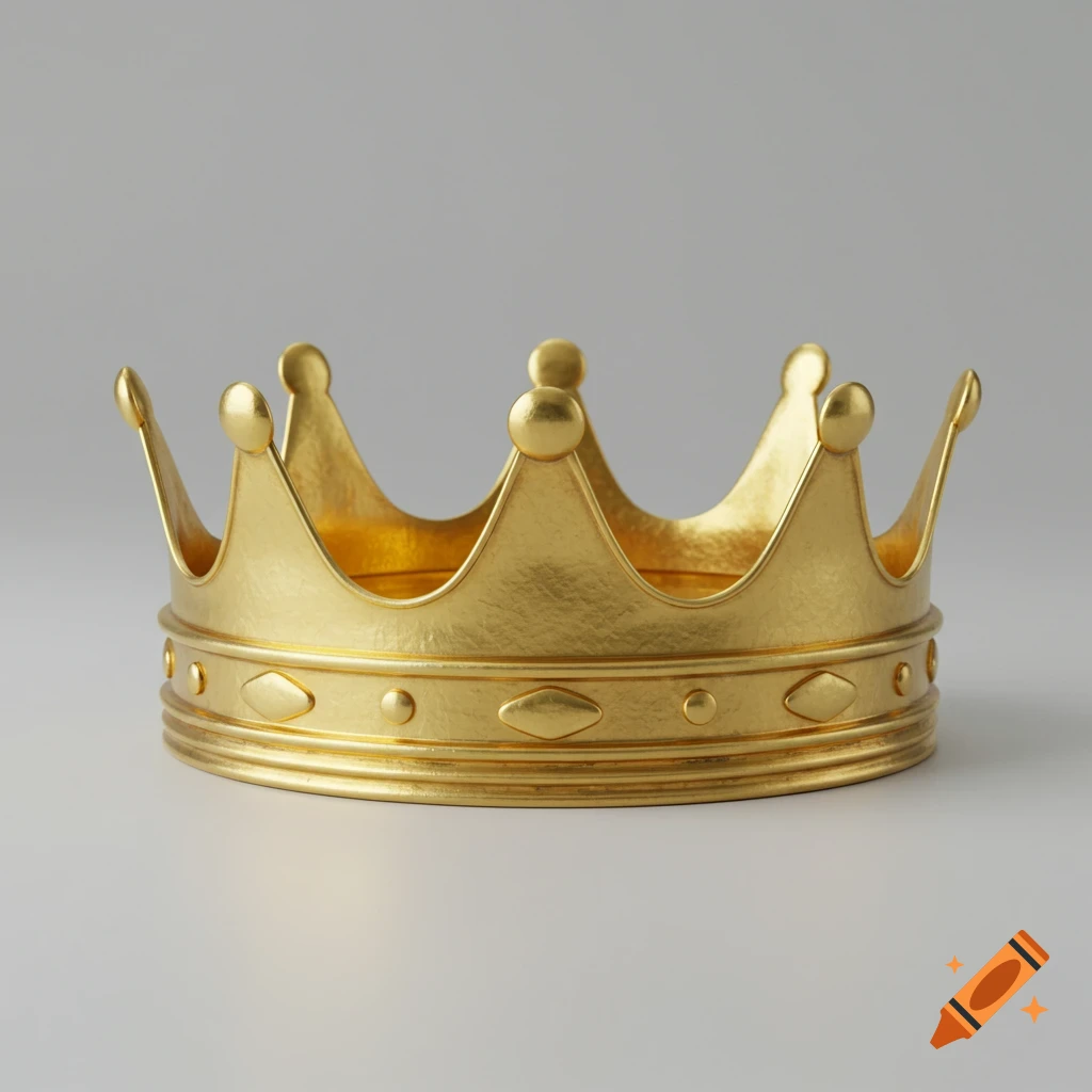 A simple, solid gold crown tilted forward on a light gray background.