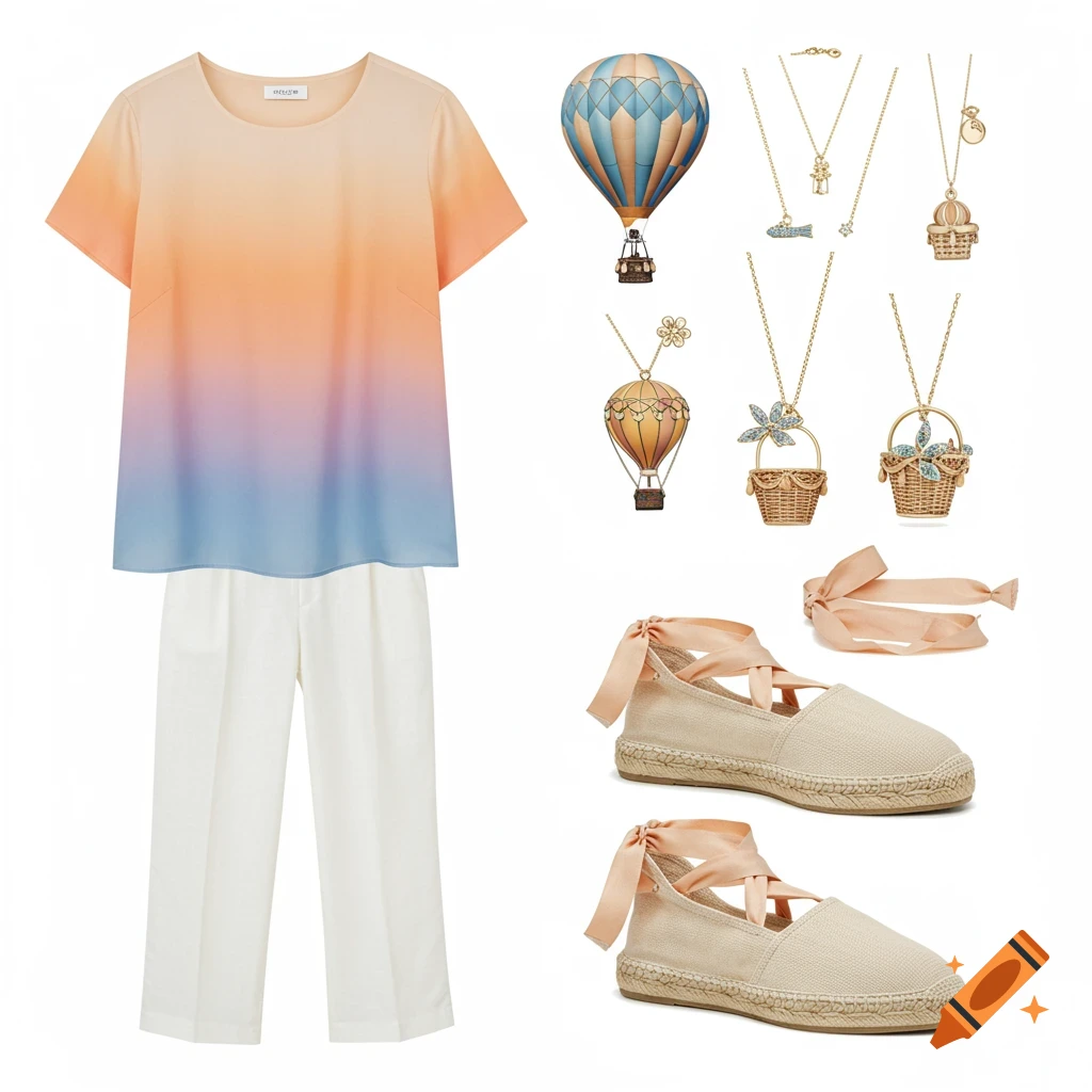 Flat lay of an outfit: an orange-blue gradient top, white pants, beige espadrille sandals, and hot air balloon gold necklaces.