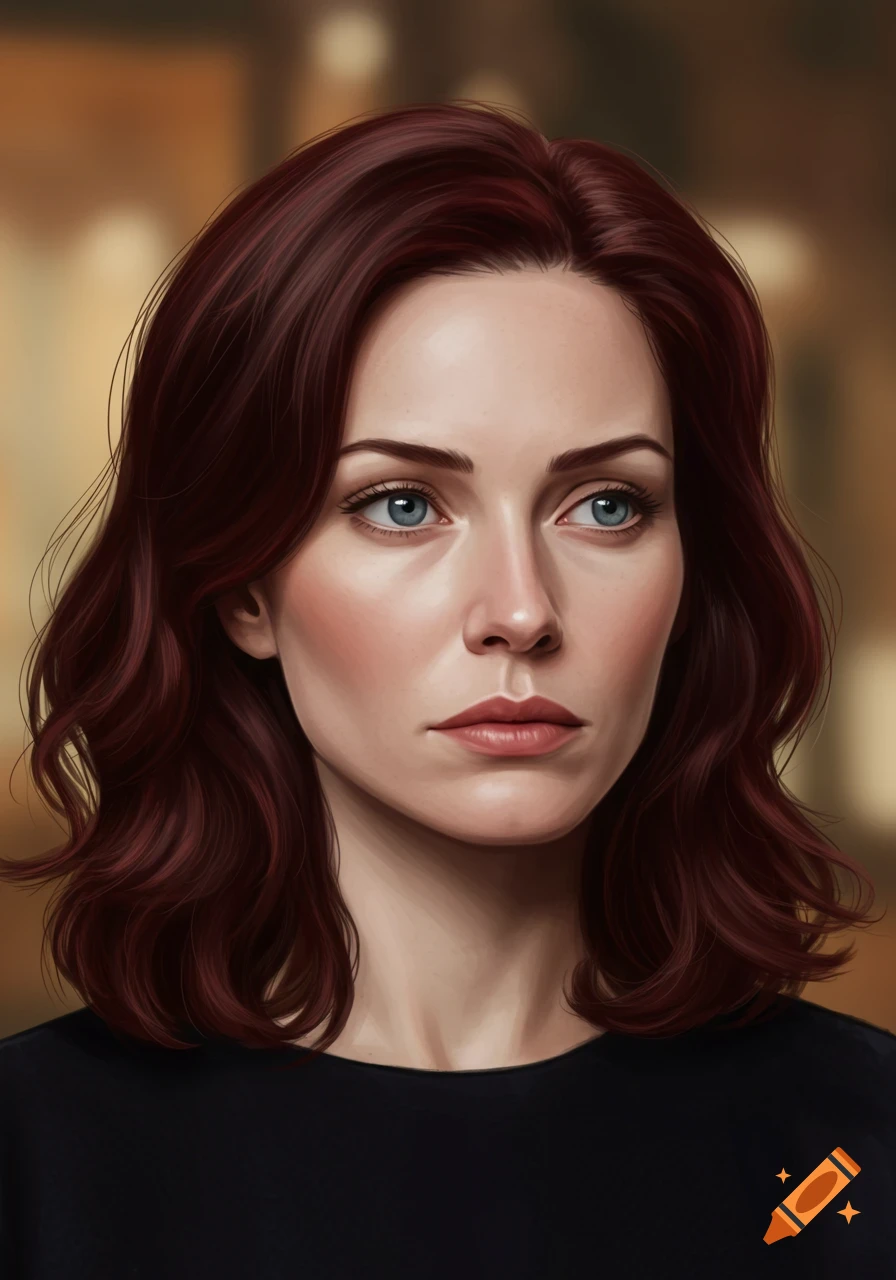 A stern-looking woman with dark red wavy hair, pale blue eyes, and sharp features, wearing a black top, looks slightly left in a digital portrait.