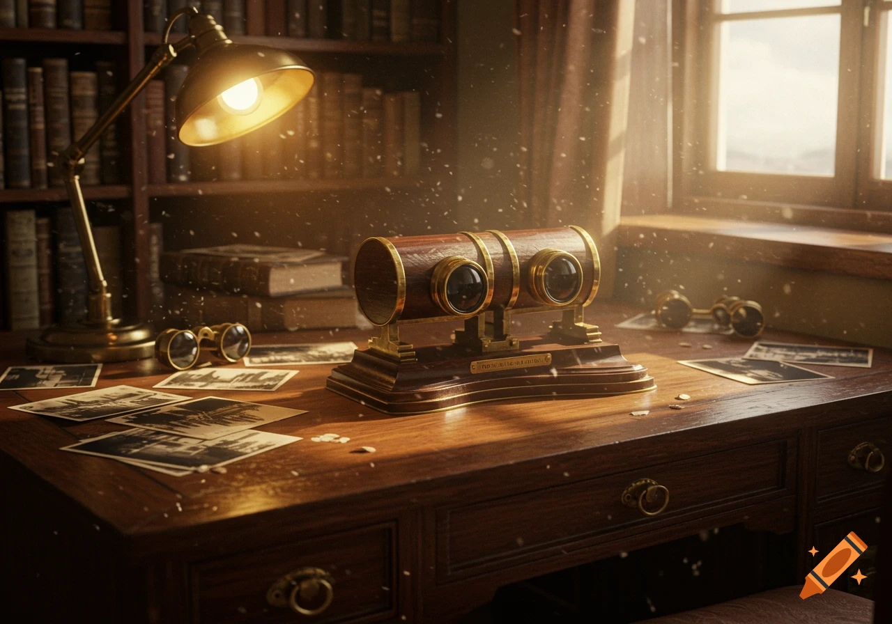A vintage desk with a stereoscope, an antique lamp, old books, binoculars, and black and white photos under a dusty, sunlit window.