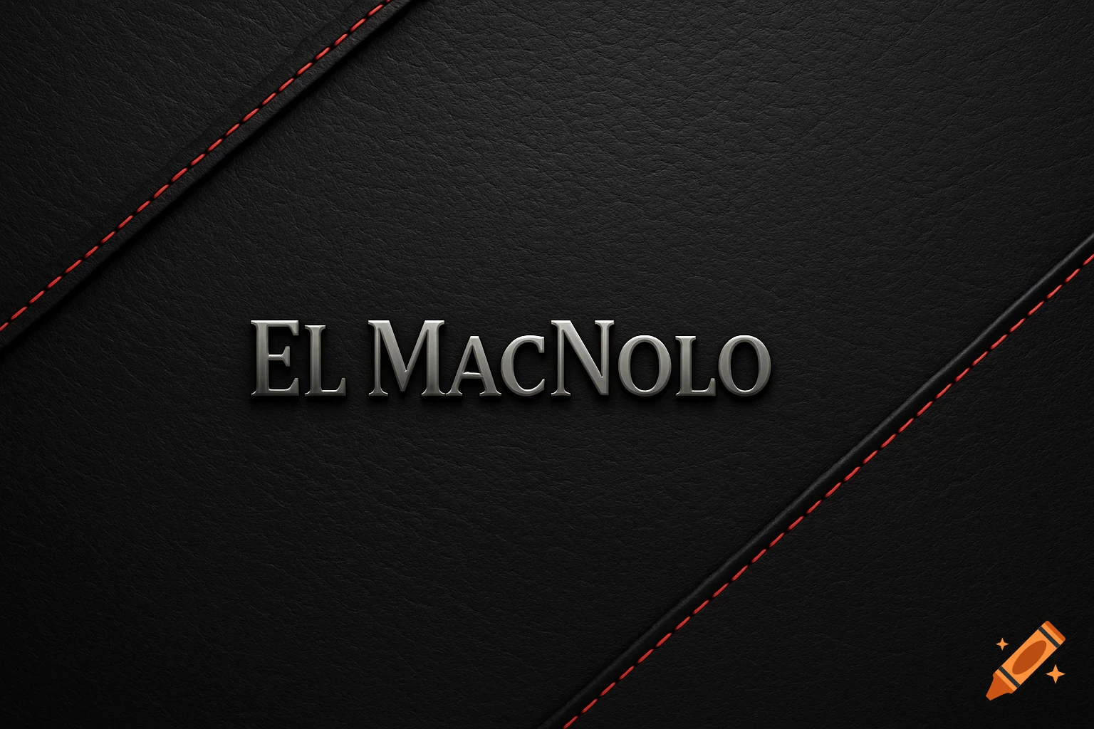 Black leather background with diagonal red stitching and metallic silver text 'EL MACNOLO' in the center.