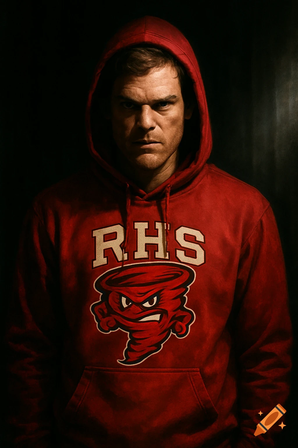 Michael C. Hall as Dexter Morgan in a red hoodie featuring an 'RHS' logo and a red cartoon tornado, against a dark background.