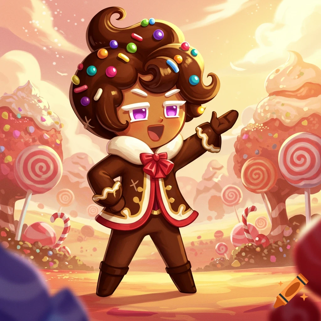 A chocolate cookie character with sprinkles and a red bow stands in a vibrant candy land, raising a hand, in a cartoon style.