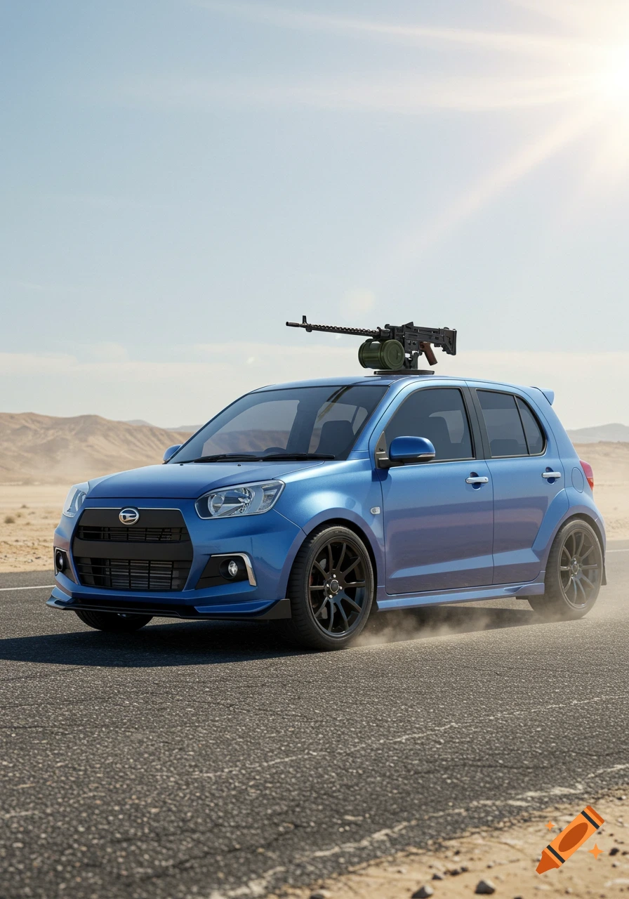 A blue Daihatsu Trevis hatchback with a .50 cal M2 Browning machine gun mounted on the roof drives through a desert landscape.