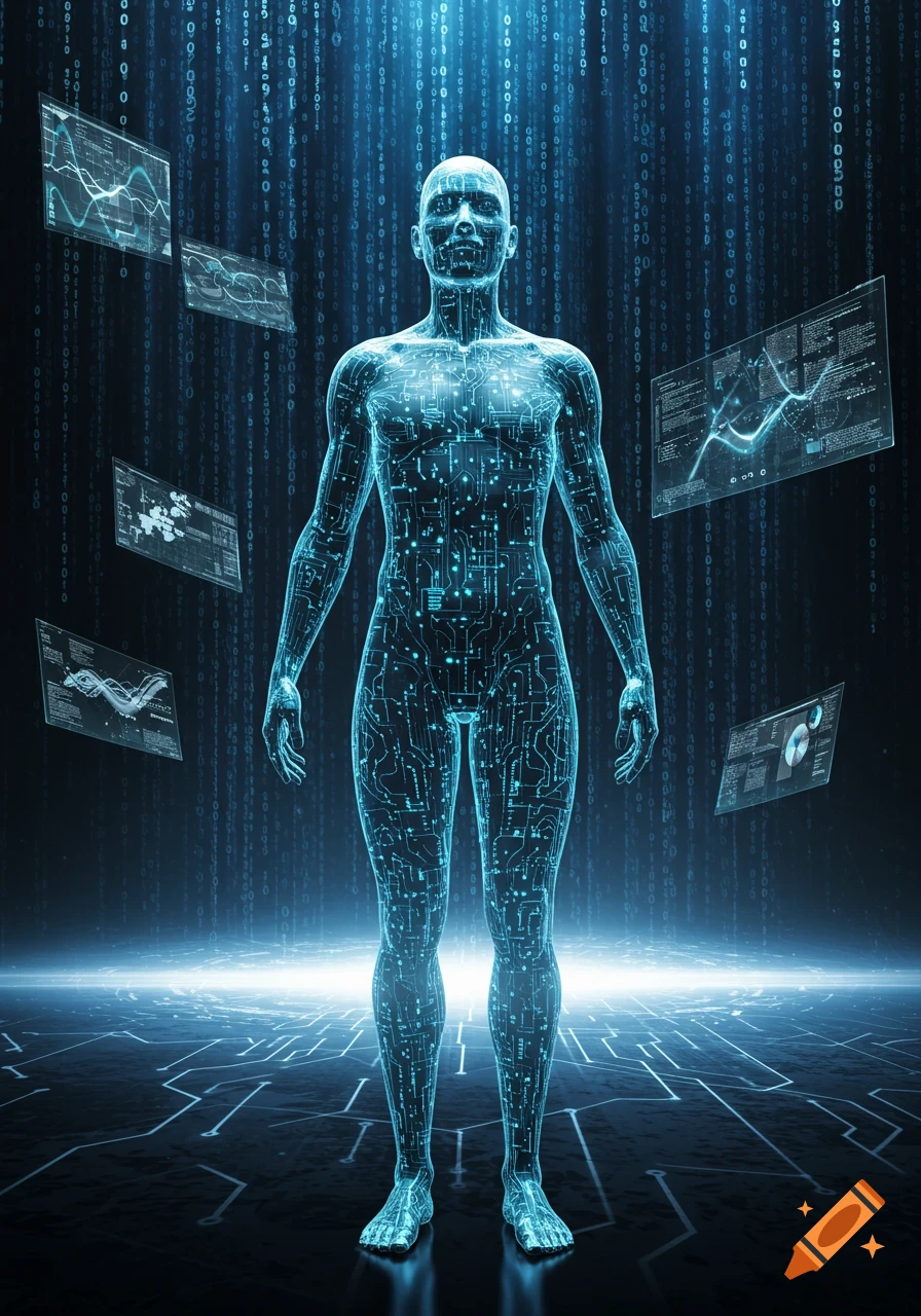 A transparent, glowing human figure with internal circuitry stands in a dark space with falling binary code and holographic screens.