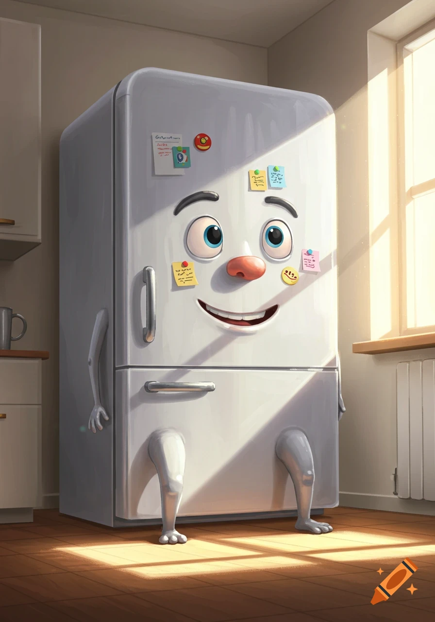 A cartoonish refrigerator with a smiling face, arms, and legs stands in a sunny kitchen.