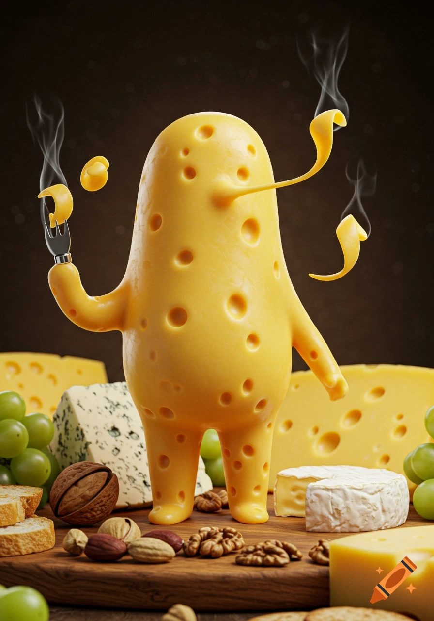 A tall, yellow, anthropomorphic cheese character with holes holds a fork with a cheese curl, standing on a board with cheeses, grapes, nuts, and bread in a photorealistic 3D render.