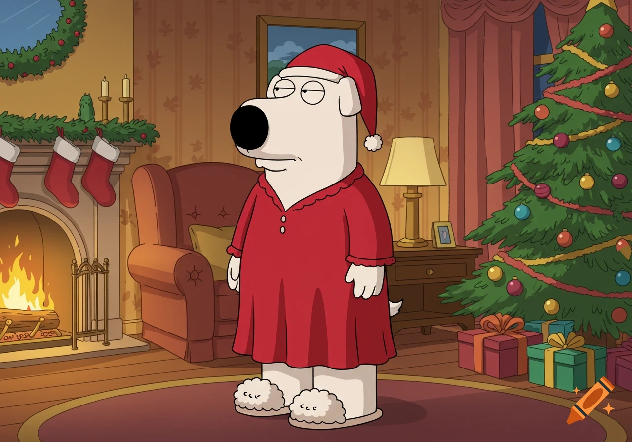 Brian from Family Guy stands in a festive room with a Christmas tree and fireplace, wearing a red nightgown, cap, and slippers in 2D animated style.