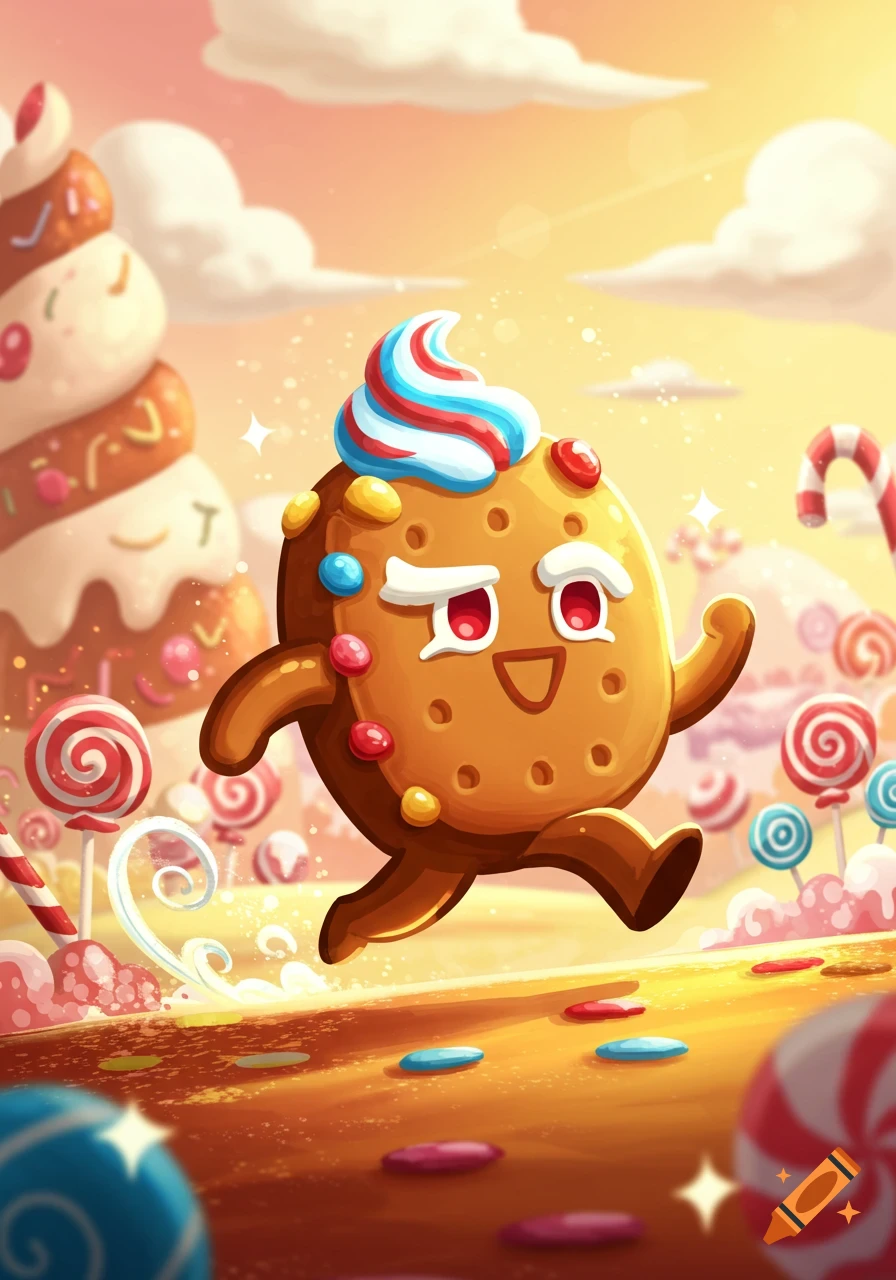 Happy gingerbread cookie character with frosting running through a vibrant candy land with lollipops and cakes in a cartoon style.