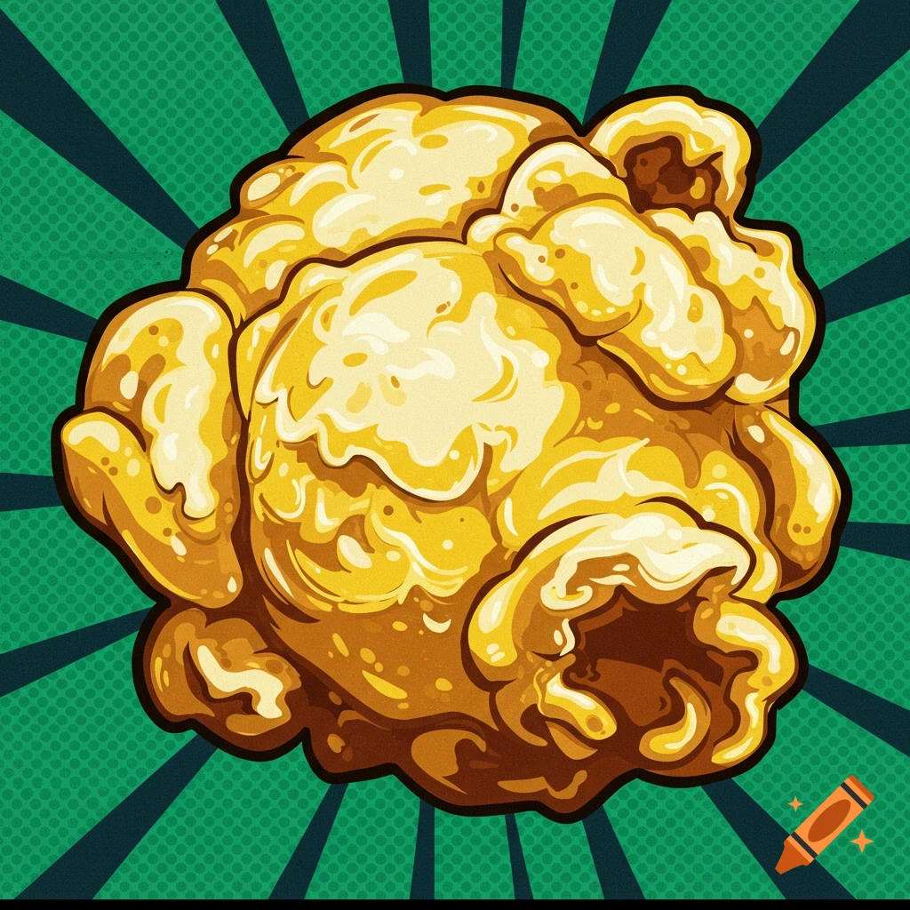 A vibrant pop art illustration of a single piece of popcorn against a green background with radiating lines and dots.