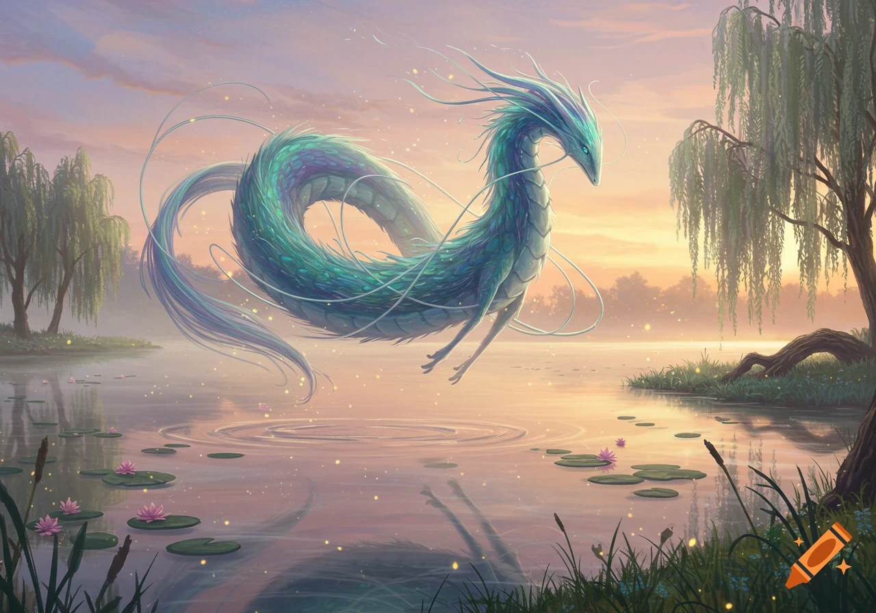A teal and blue serpentine dragon with whiskers floats above a calm lake with lily pads and willow trees at sunset.