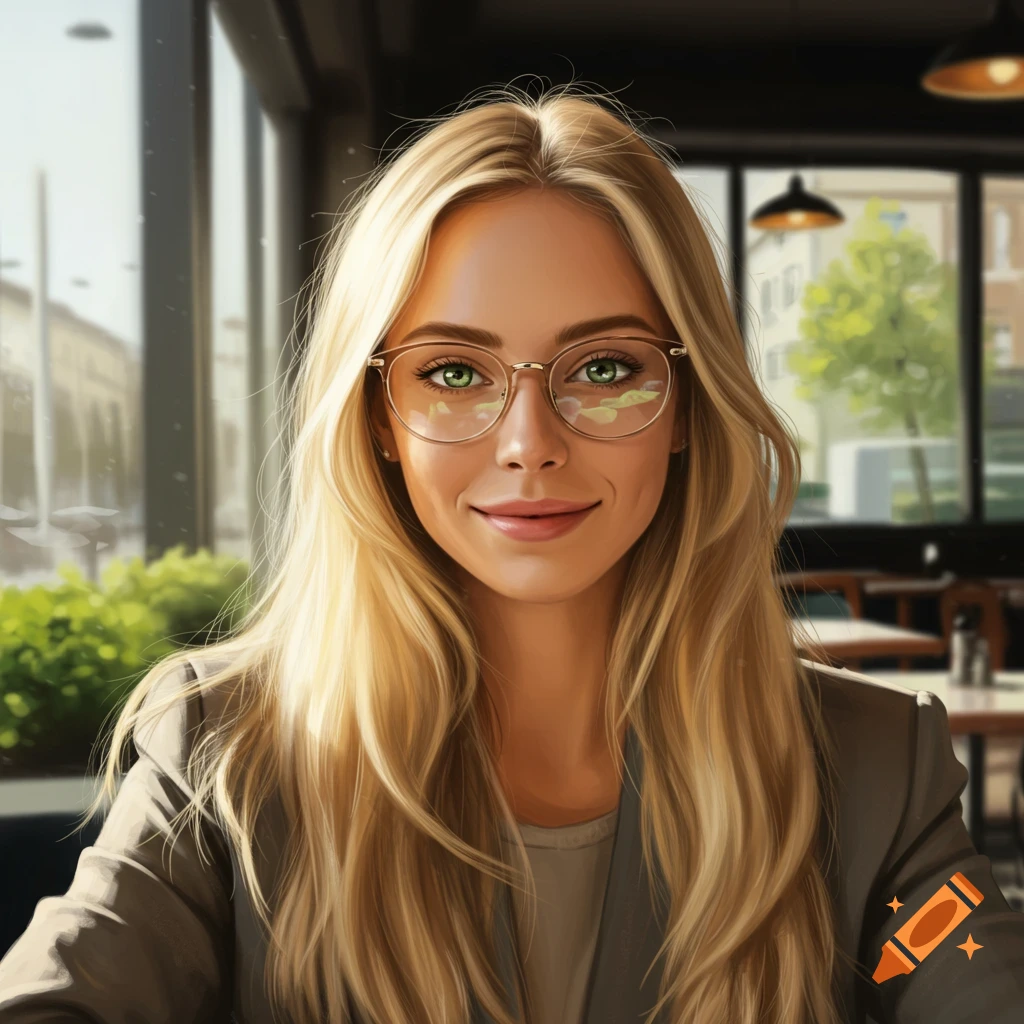 A photorealistic portrait of a smiling woman with long blonde hair, green eyes, and glasses, in a cafe setting.