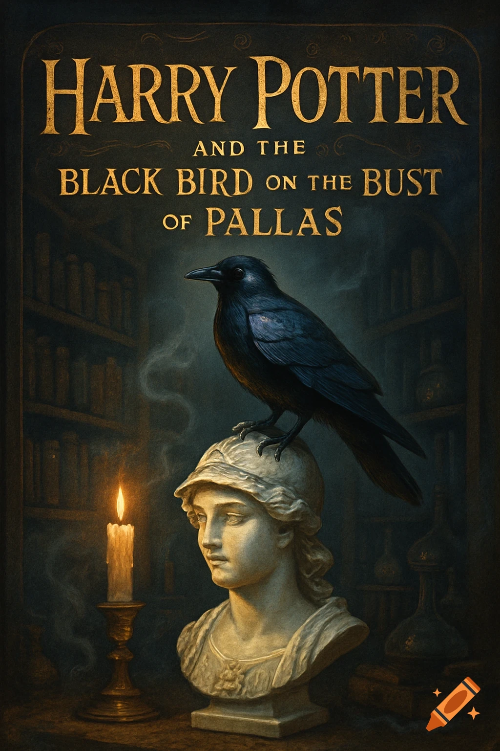 Illustrated dark fantasy book cover: A black raven perches on a white bust of Pallas, a lit candle and bookshelves in a dim room.
