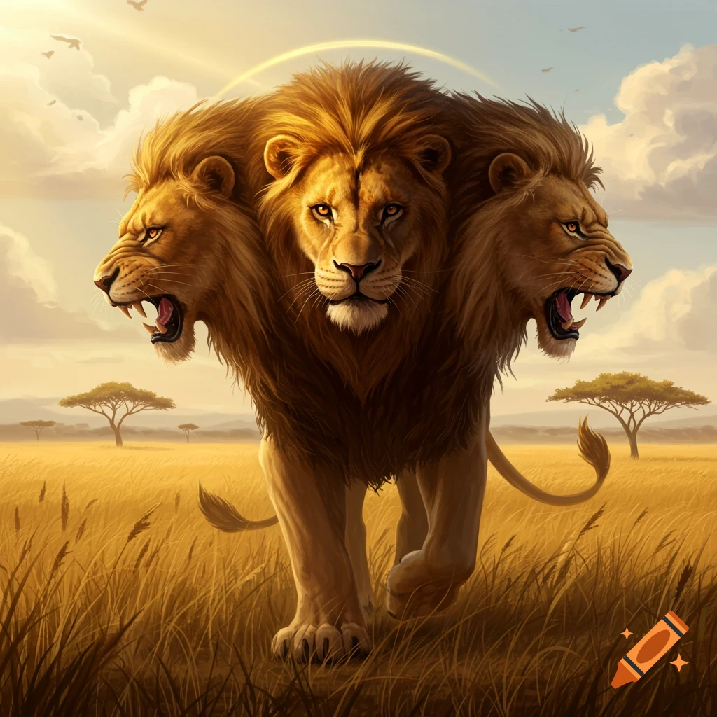 A majestic three-headed lion with golden manes stands in a sunlit African savanna with scattered trees.