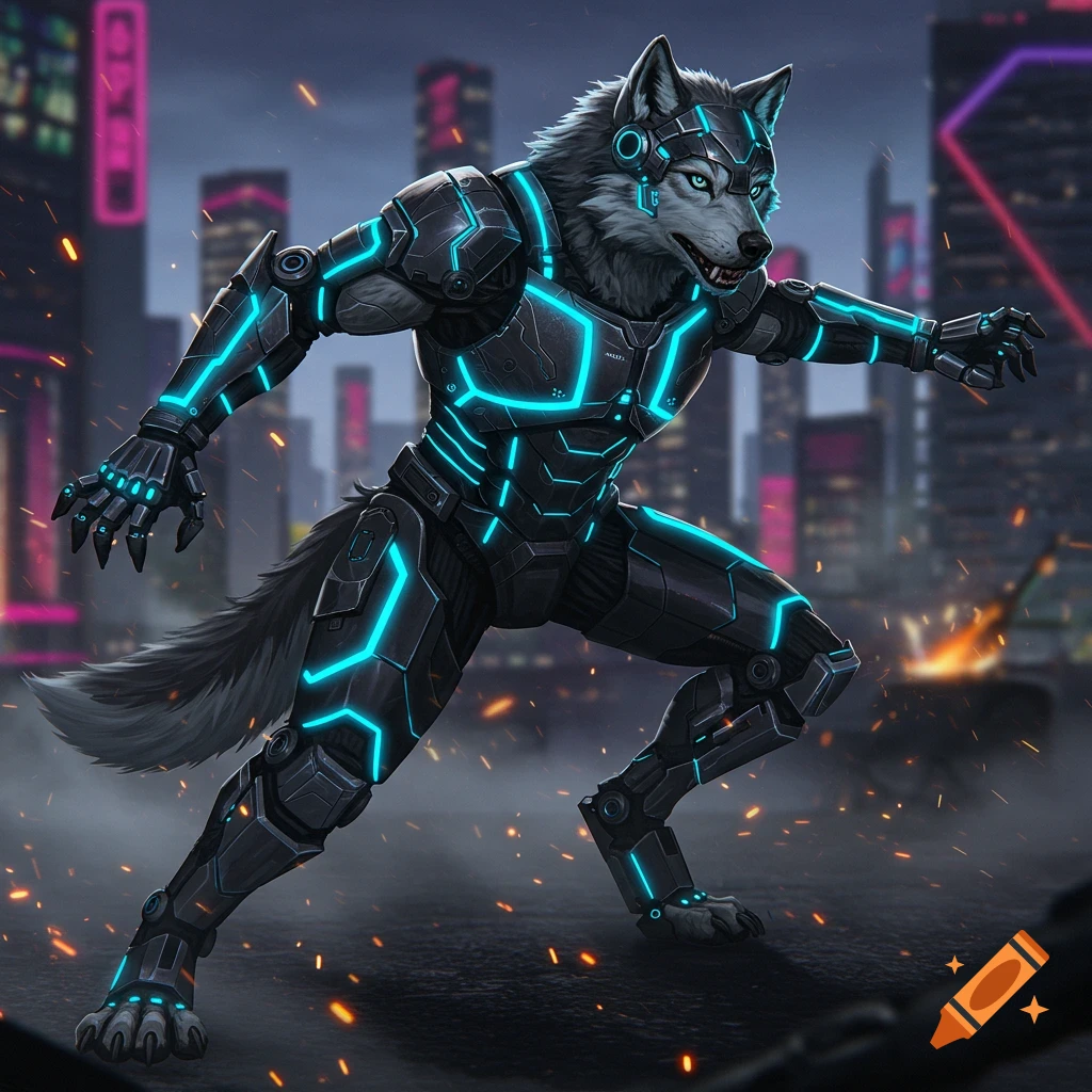 An anthropomorphic cybernetic wolf in glowing blue and black warrior armor stands in a futuristic city at night.