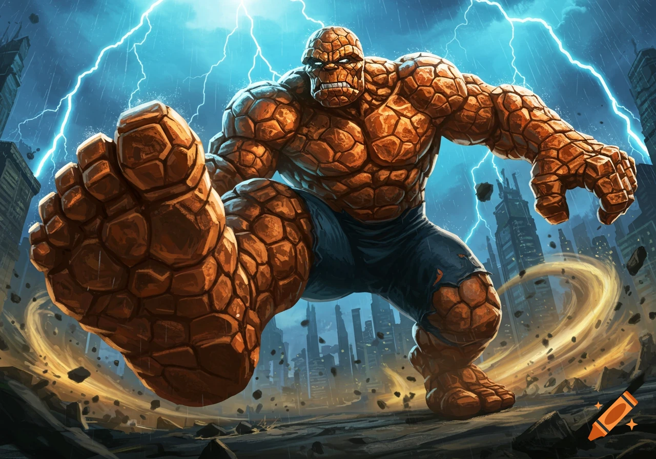 The Thing, a rocky superhero, stomps forward with one foot hovering, lightning strikes a city background.