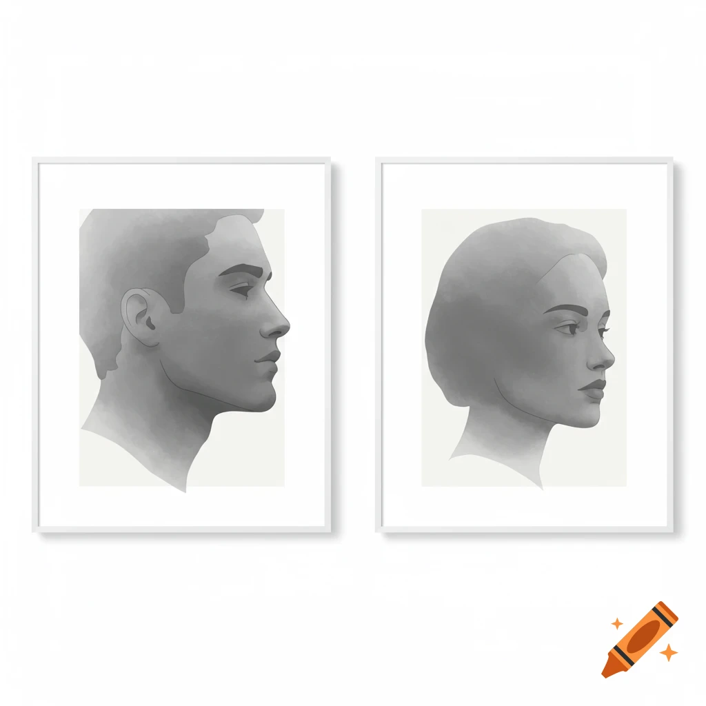 Two framed minimalist grayscale profile portraits, one of a man and one of a woman, on a white wall.