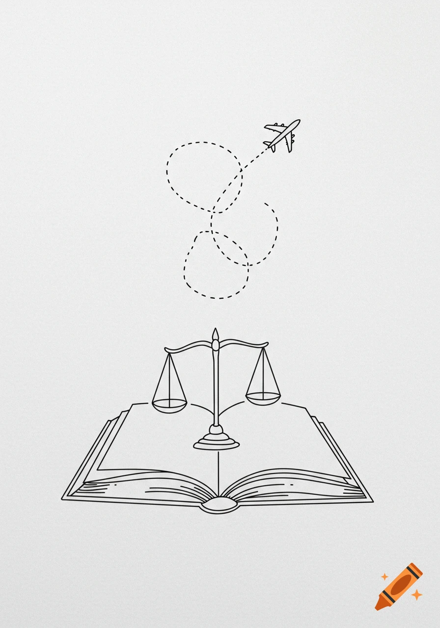 Minimalist black and white illustration of an open book with scales of justice, an airplane flying with a dotted heart-shaped flight path.