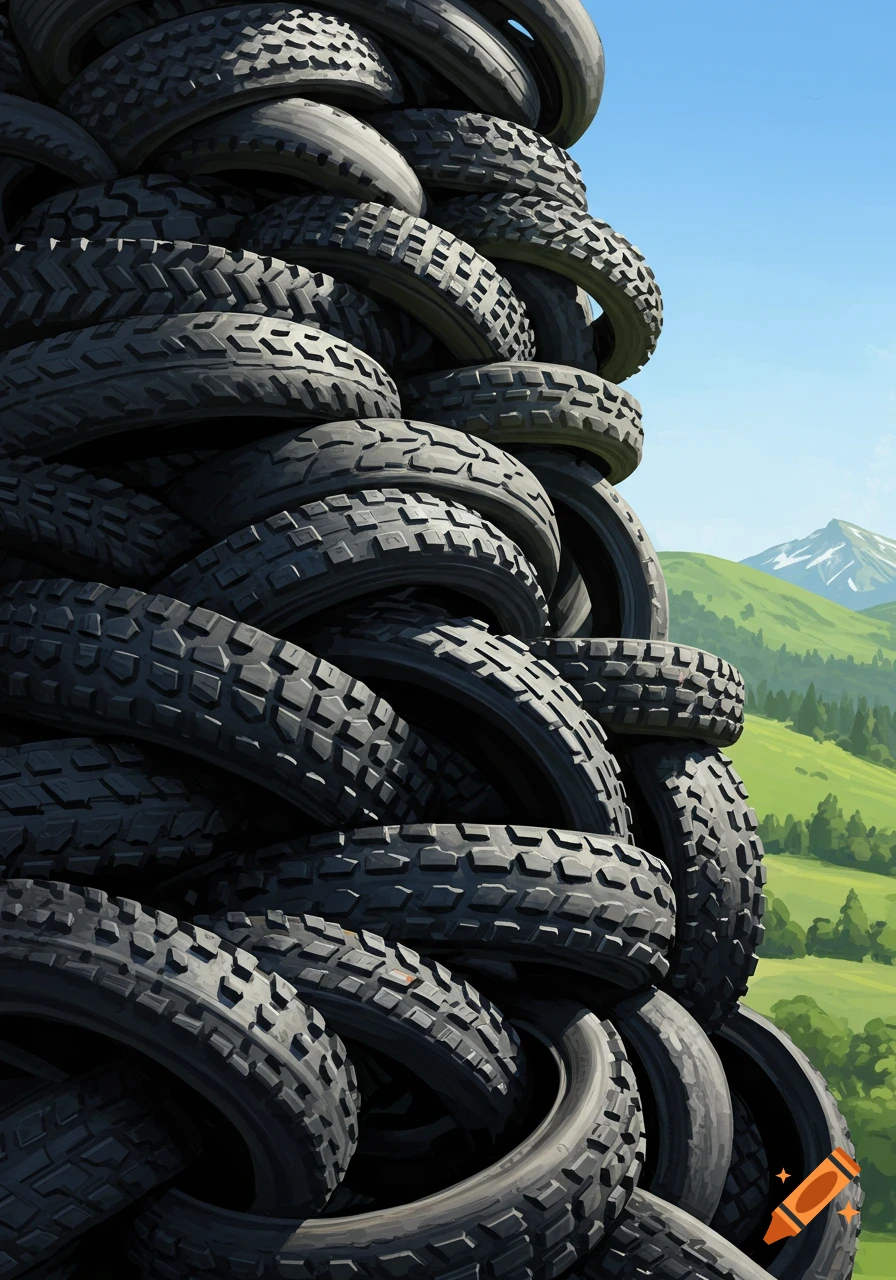 A tall pile of knobby mountain bike tires with a background of green hills and a distant mountain under a blue sky.