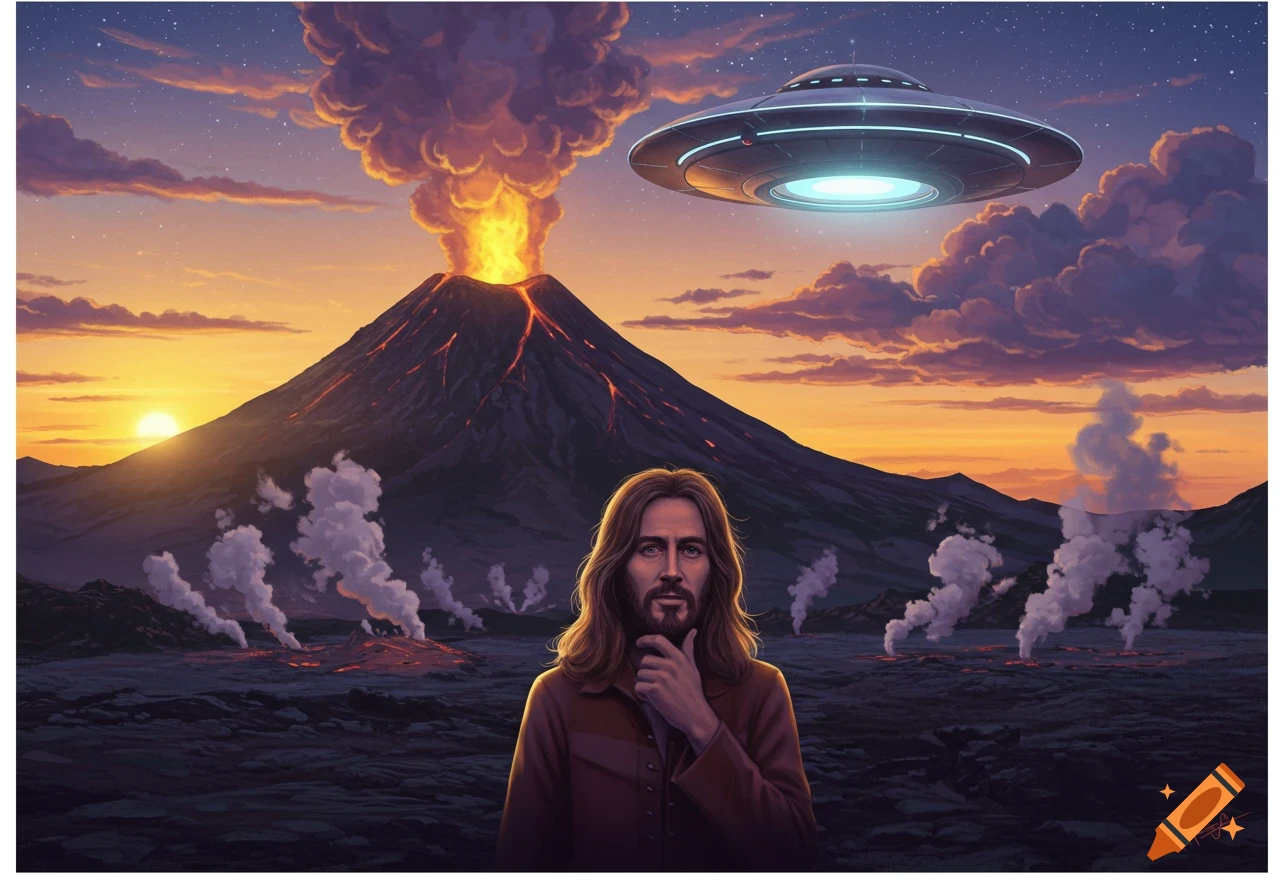 Jesus stands thoughtfully before an erupting volcano with a UFO hovering above, under an orange sunset sky.
