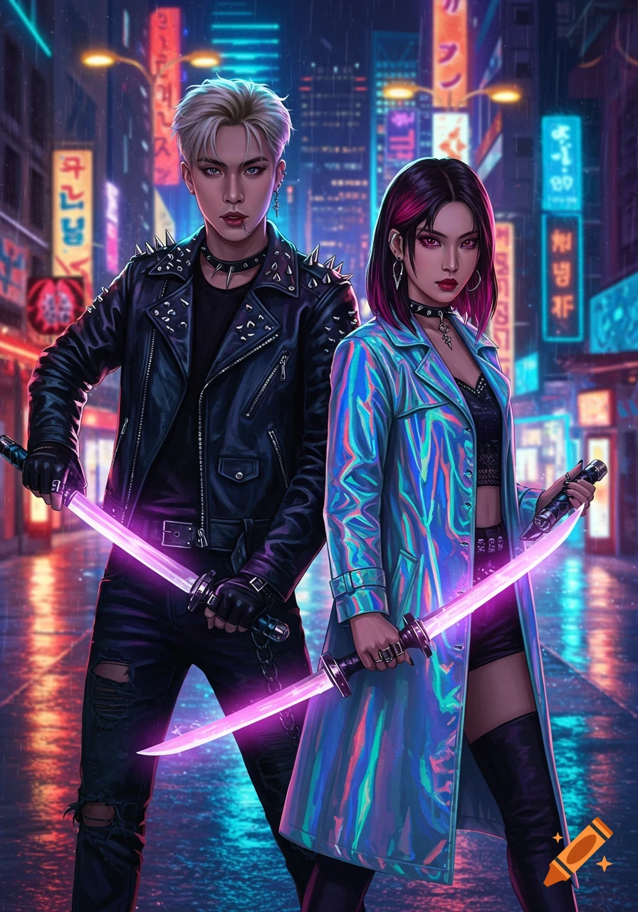 A man and a woman in edgy cyberpunk fashion pose with glowing pink swords on a neon-lit city street at night, digital art.
