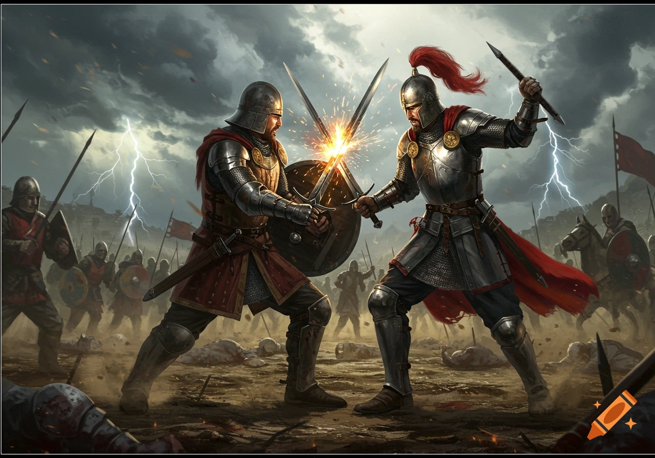 Two armored knights clash swords on a chaotic medieval battlefield under a stormy sky with lightning.