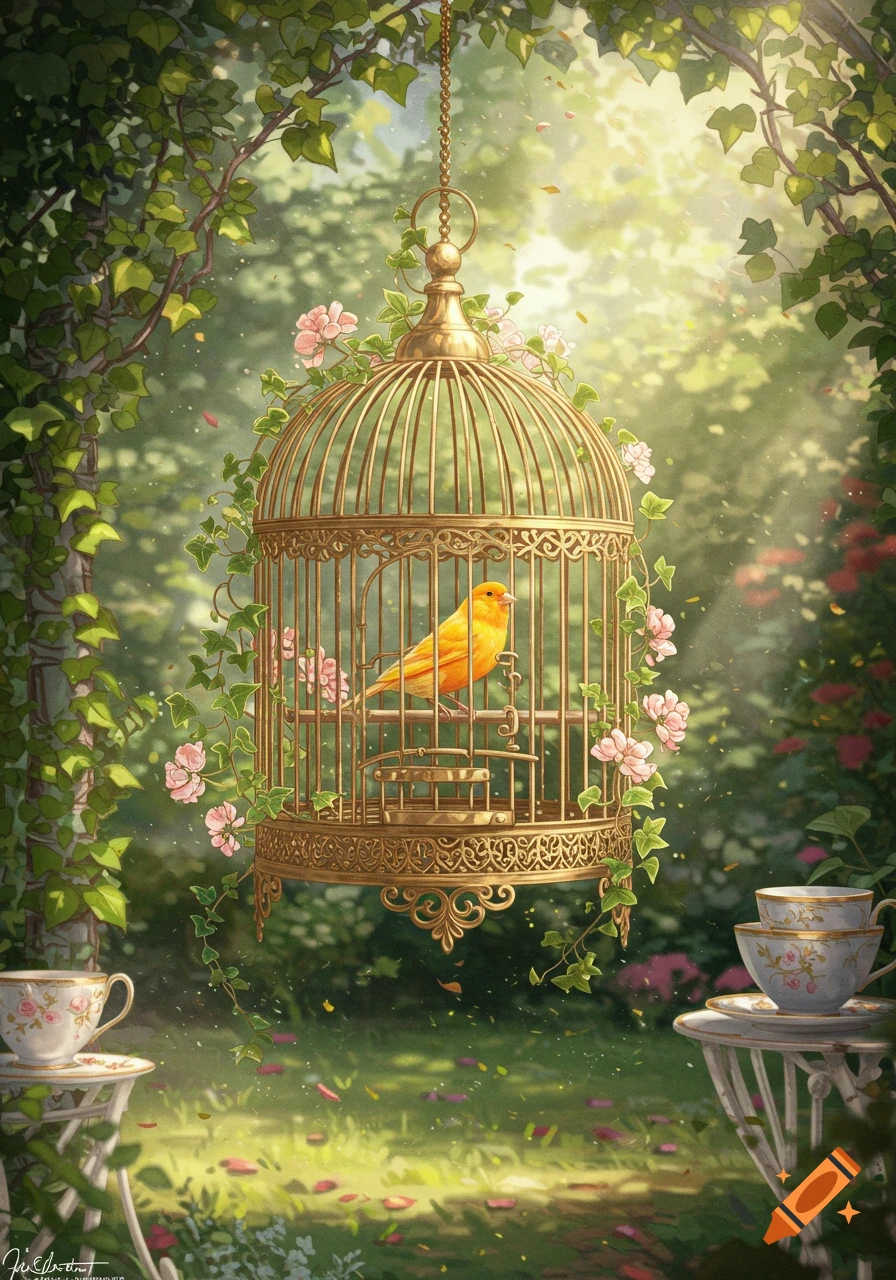A golden birdcage with a yellow bird, adorned with vines and pink flowers, hangs in a sunlit garden with teacups. Illustration style.