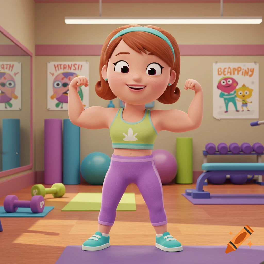 Cartoon woman in gym clothes flexes her muscles in a colorful gym, with exercise equipment and posters in the background.