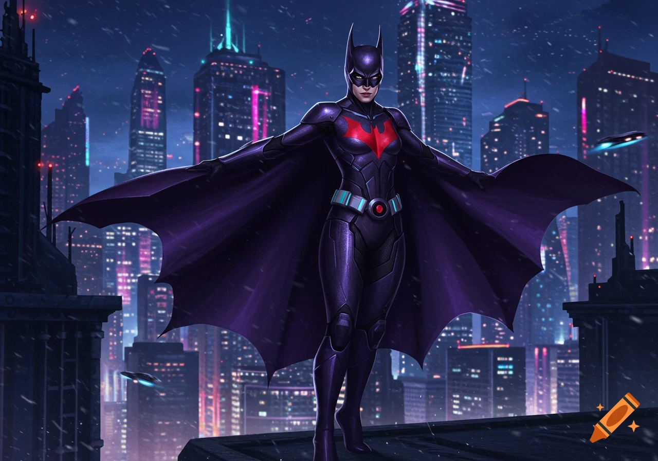 A realistic digital art image of a female superhero in a purple Batman Beyond suit standing on a snowy rooftop overlooking a futuristic neon city at night.
