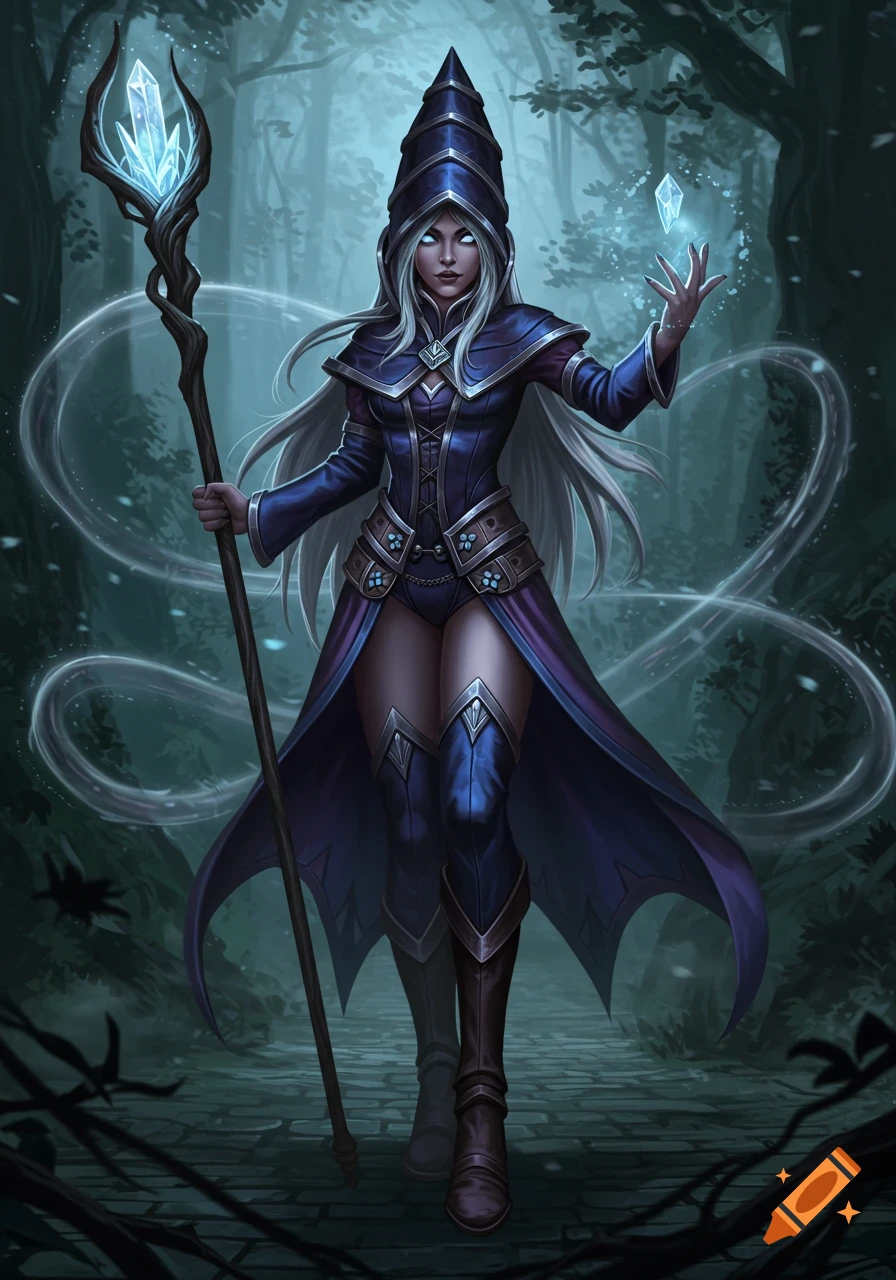 A female mage in dark blue robes holding a glowing crystal staff and summoning a crystal in a mystical dark forest, digital fantasy art.