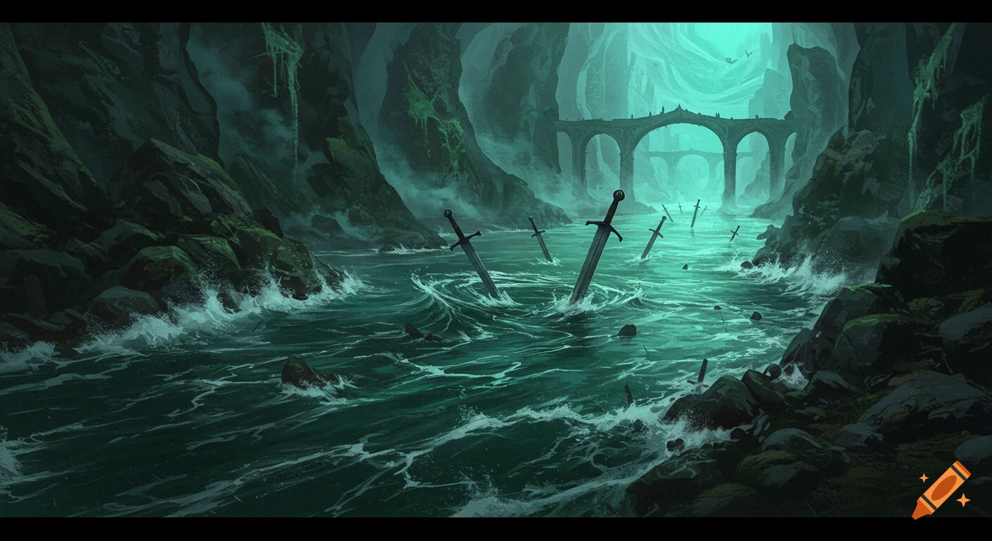 Dark fantasy art of a turbulent, misty river with swords sticking out of the water, flowing through a rocky gorge towards an arched bridge.